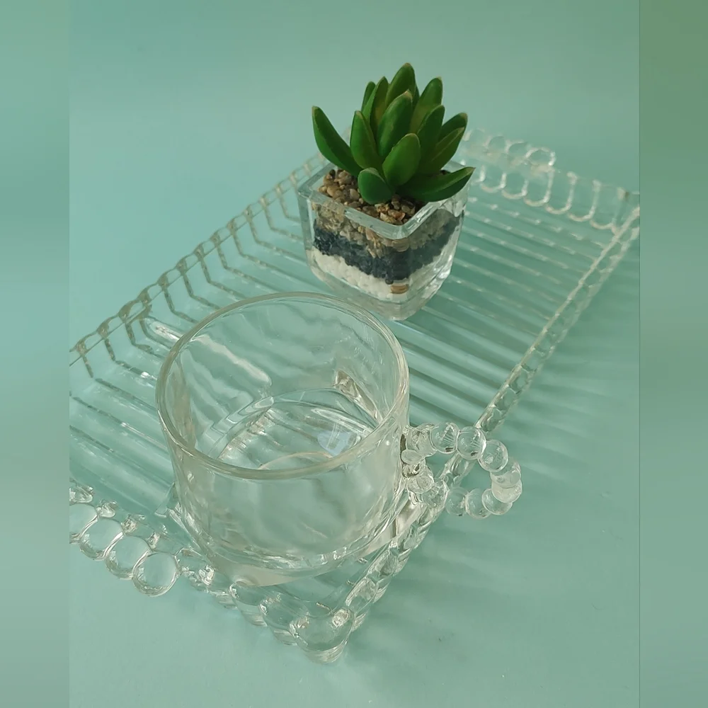 Set 2 Pieces Vintage 1950's Hazel Atlas Sip And Smoke Snack Tray Glass